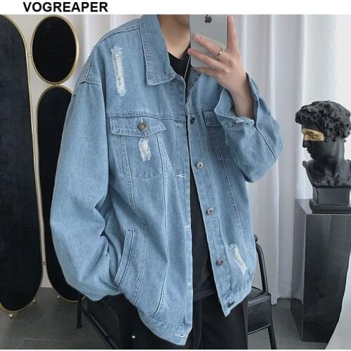 Autumn New Short Denim Jacket Men Casual Blue Black Jean Jacket Outwear Cotton Ripped Hole Denim Bomber Jackets for Man
