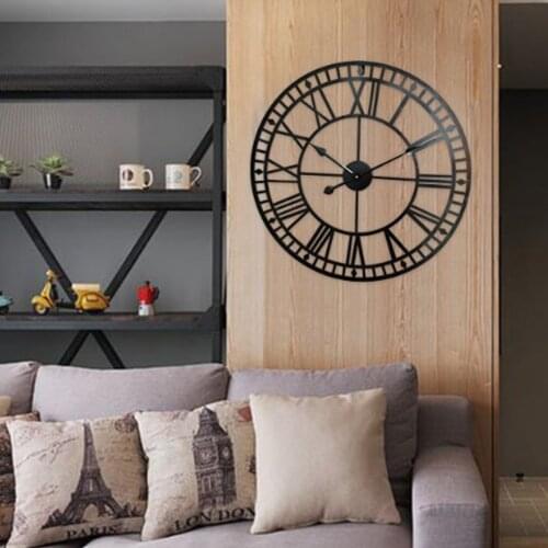 New 80cm Extra Large Modern 3D Large Retro Black Iron Art Hollow Wall Clock Roman Numerals Home Decor