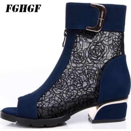 Exempt postage The new 2018 MIDI MIDI boots with fishmouth style mesh and lace Roman sandals The fashion leisure Sexy sandals