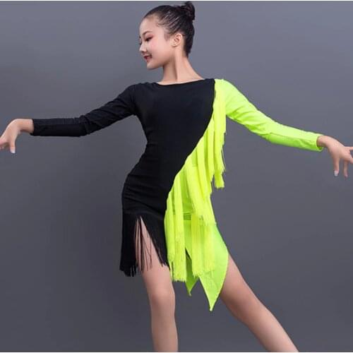 New Latin Dance Dress Fluorescent Green Fringe Dress Girls Dancing Clothes ChildrenS Competition Costume Kids Stage Dress 3473