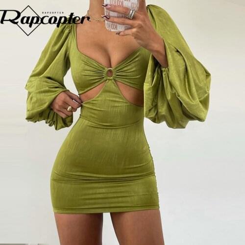 Rapcopter Metal Cut Out Mini Dress Puff Long Sleeve Short Dress V Neck Elegant Autumn Spring Party Dress Women Vintage Bodycon
