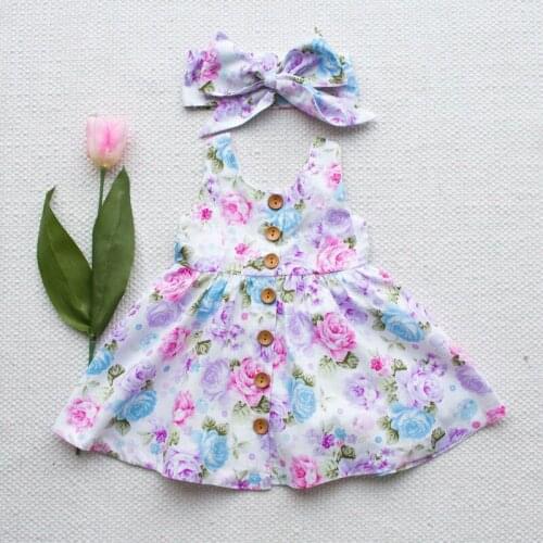Toddler Kids Baby Girl Floral Tank Dress Match Bowknot Headband Summer Button Sleeveless Sundress Infant Girl Clothes
