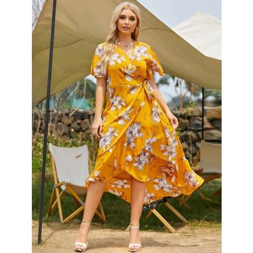 4XL 5XL Plus Size Boho Beach Dress 2021 Summer Women Short Sleeve Floral Print Ruffles Wrap Dresses Maxi Long Party Dress