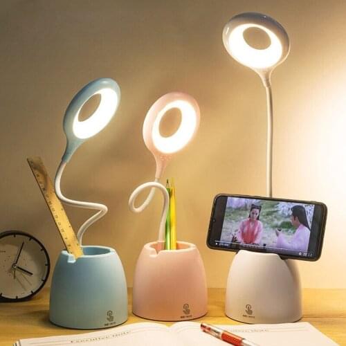 USB Bedside Table Lamp Touch Dimming Bendable Desk Light Eye Protection Learning Bedroom Lamp Night with Function Pen Holder