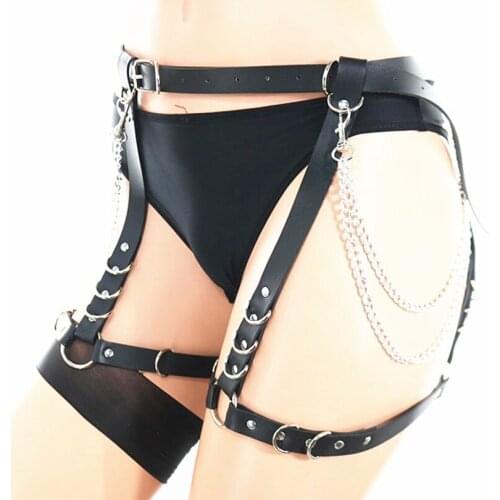 Fashion Black Leather Chain Belt Women Goth Sexy Body Chain Skirt Punk Style Waist Chain Body Harness Festival Rave Leg Strap