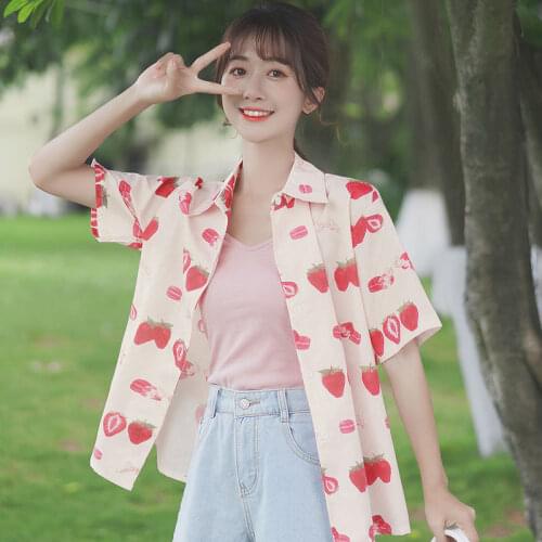 2021 Pink Strawberry Cardigan Short Sleeve Shirts Harajuku Summer Women Bluz Teenage Cute Cosplay Kawaii Top Blous Girls Camisa