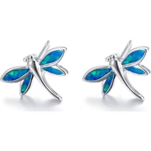 Cute Dragonfly Animal Stud Earrings Fashion Blue Imitation Fire Opal Earrings For Women Jewelry Bohemian Statement Wedding Gift