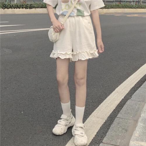 Shorts Women Wide Leg Ruffles Loose Sweet Japanese Style Elastic High Waist Casual Preppy Student Girls Cute All-match Summer