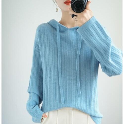 Loose Fashion Hooded Cashmere Sweater Solid Color Ladies Knitted Pullover ATTYYWS100% Pure Wool Sweater New products for autumn