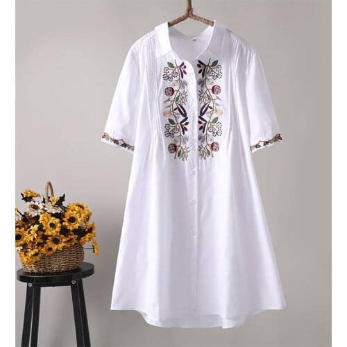 100% Cotton Embroidery Women Shirts Summer New Turn-Down Collar Loose Straight Long Vintage All Match Female Outwear Coats Tops