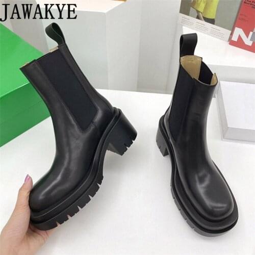 2021 Winter Hot Sale Mid Calf Boots Women Black Real Leather Elastic slip-on Chunky Heels Brand Boots Fashion Motocrycle Boots