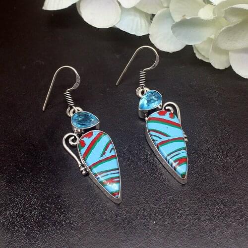 Gemstonefactory Big Promotion Single Unique 925 Silver Stripe Jasper Blue Topaz Women Dangle Drop Earrings 20211755