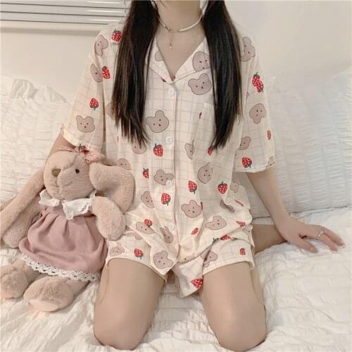 2021 New Short Sleeve Pajamas Set for Women Cotton Sleepwear 2Pcs Nightwear strawberry Print Homewear Summer Lounge Pyjamas