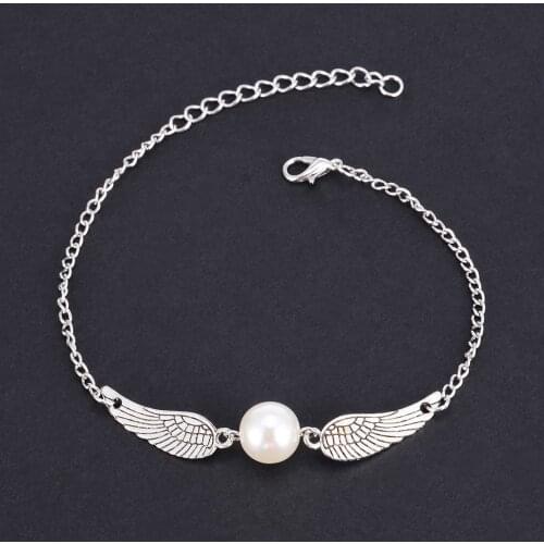Lady Vintage Wing Simulated Pearl Bracelet Bangle Classics Punk Angel Wing Chain Link Bracelet Charm Lady Party Jewelry Gift