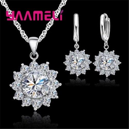 Real 925 Sterling Silver Necklace Earrings Jewelry Sets for Women Sparkling Cubic Zircon Sunflower Party Fashion Costume