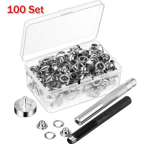 100Set 6mm Silver Grommet Eyelet with Tool Storage Box Kit Metal Buttons Buckles Leather Shoes Fasteners DIY Sewing Supplies