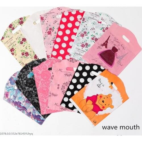 50pcs Small Large Gift Bags With Handles Cute Pattern Plastic Bag Boutique Carrier Shopping Bags Plastic Pouches