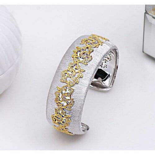 18K Gold Tone Engraved Rose Petals Open Bangles 925 Silver Renaissance Floral CZ Traditional Wide Wedding Bracelets Fine Jewelry