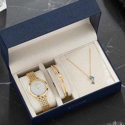 Luxury Women Wedding Jewellery Gift Set Watch Sets Bracelet With Rhinestone Watches For Women
