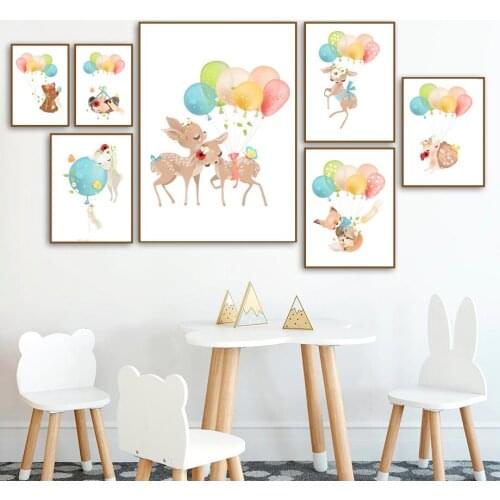 Cute Deer Rabbit Bear Squirrel Snails Balloon Wall Art Canvas Painting Nordic Posters And Prints Wall Pictures Kids Room Decor