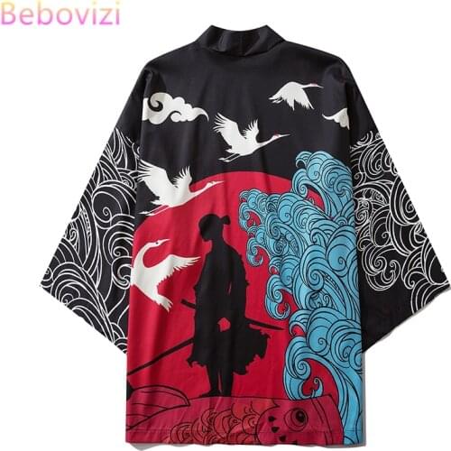 2020 New Pink Black Crane Harajuku Japanese Fashion Kimono Women Tops and Blouses Men Asian Clothes Summer Beach Cardigan