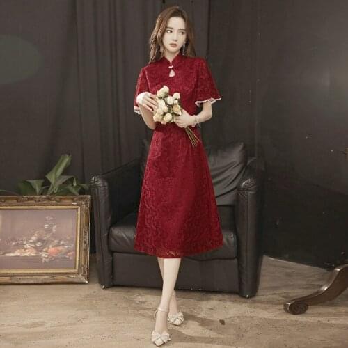 Chinese Trational Cheongsam Dress Modern Qipao Red Lace Cheongsams Vintage Oriental Style Wedding Party Women Dresses Robe