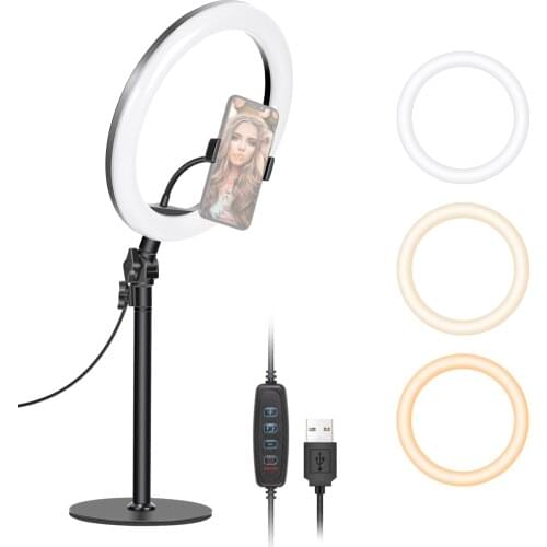 Neewer LED Ring Light, Table Top 10-inch USB Ring Light, Color Temperature 3200K-5600K 3 Light Modes with Smartphone Stand