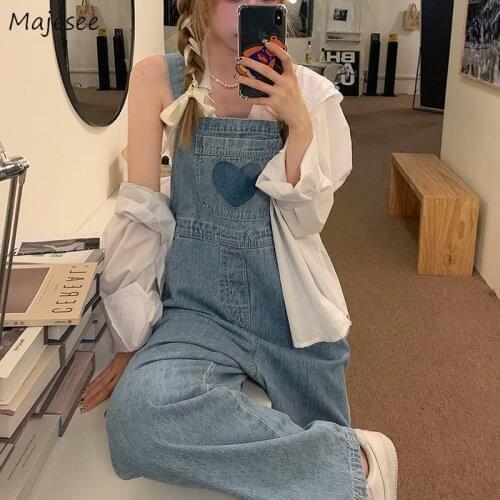 Jumpsuits Women Denim Sweet Girls Kawaii Students Casual All-match Loose Ulzzang Chic Straight Streetwear Design Lovely Female
