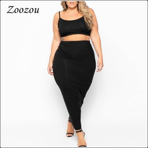 Plus Size 2 Two Piece Crop Top Skirt Sets Cami Square Collar Tops Elastic Slim Long Skirt Outfits Solid Sleeveless Sets Custom