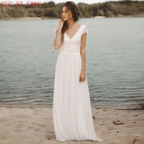 2020 Hot Sale Cheap Beach Wedding Dresses V Neck Cap Sleeve A-line Chiffon Skirt Lace Top Open Back Boho Wedding Gowns