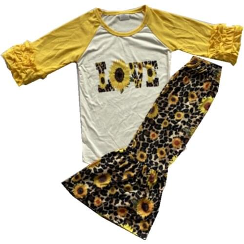 Hot selling kids clothing latest design yellow ruffle sleeves raglan shirt sunflower printing top and pants outfits