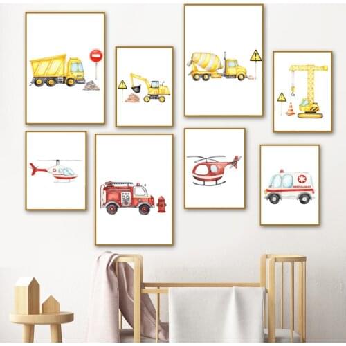 Cartoon Ambulance Excavator Truck Airplane Pictures Art Canvas Painting Nordic Posters Wall Prints for Baby Kids Room Decor