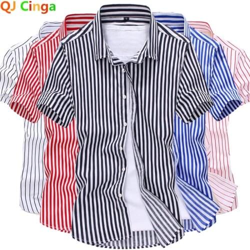 Summer New Black Short Sleeve Striped Shirt Men Fashion Slim Shirts Red Black Chemise White Men Casual Camisa Big Size S-4XL 5XL