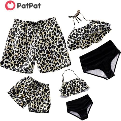 PatPat 2021 New Arrival Summer Halter Leopard Print Matching Swimsuits Family Look Sea and Beach Clothing
