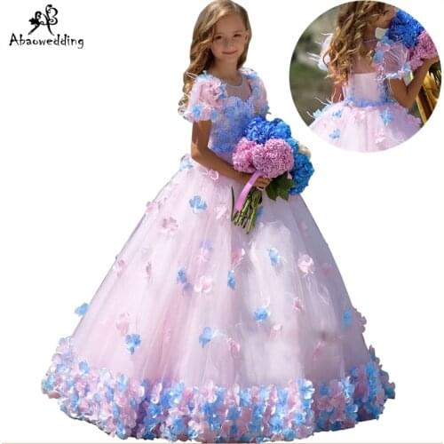 Princess fluffy dress for girls pageant dress floral kids evening ball gown long girls prom dress pink party dress for girls