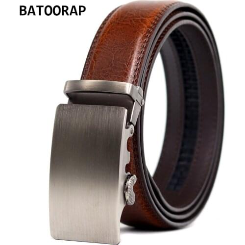 Leather Ratchet Belt For Men High Quality Gray Metal Automatic Buckle Business Waist Strap Male Cowhide Brown Belts 44"-52"