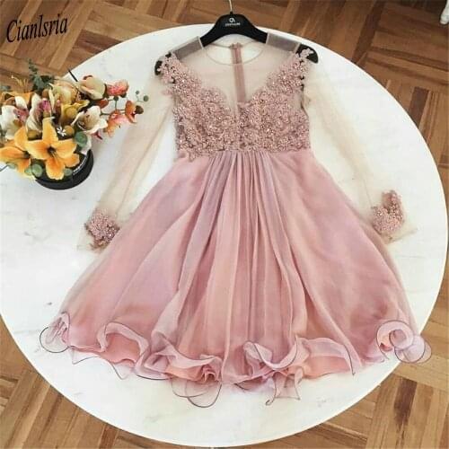 Pink Long Sleeve Beading Appliques Lace Organza Cocktail Dresses O-Neck Illusion Short Prom Party Homecoming Dress