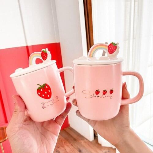 Cute strawberry ceramic cup pink girl heart mug with mobile phone holder cover spoon creative coffee water cup