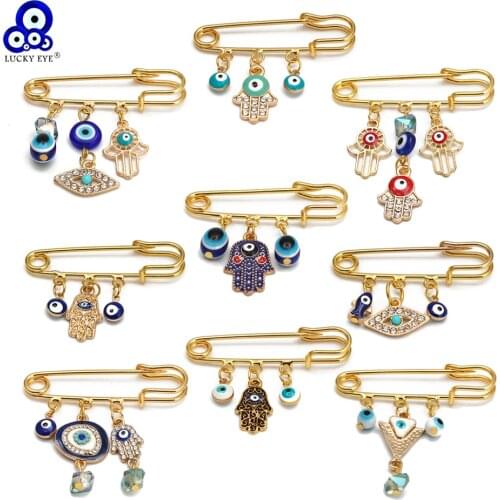 Lucky Eye Fatima Hamsa Hand Blue Turkish Evil Eye Brooch Pin Gold Color Alloy Charm Brooch for Women Men Fashion Jewelry BE102