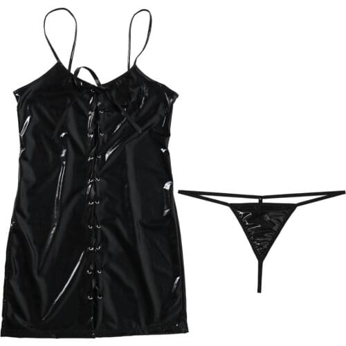 Sexy Dress Black Patent Leather for Women Erotic Dress Lace Bodycon Thong Briefs Costume Wrapped Short Dress For Night Clubwear