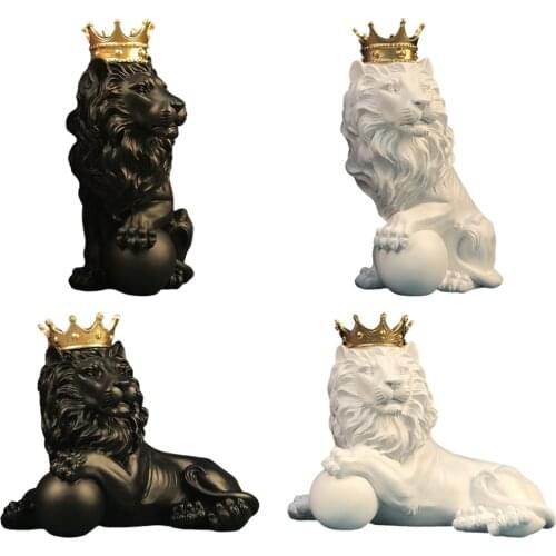Nordic Resin Lion Statue Figurine with Crown Wild Animal Sculpture Crafts for Home Desktop Office Porch Bedroom Decorations Gift