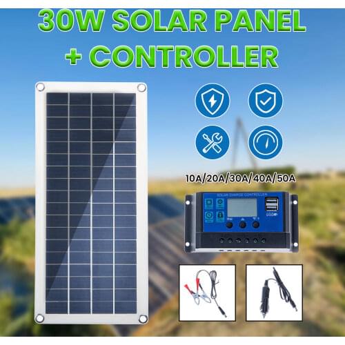 CNH Solar Panel 30W 12V Dual USB Output Solar Cells Poly Solar Panel 10/20/30/40/50A Controller for Car Yacht Battery Boat Charg