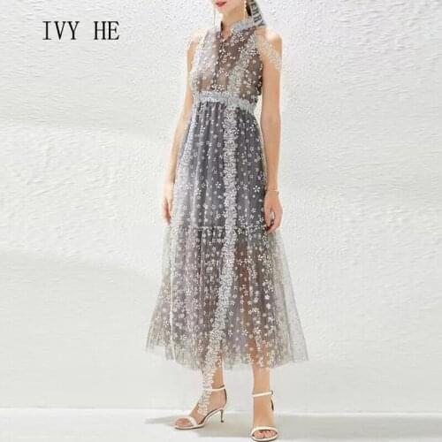 IVY HE High Quality Summer Dress Woman Clothing Selection Transparent Screen Printing Long Dress Traf ZA Holiday Party Dresses