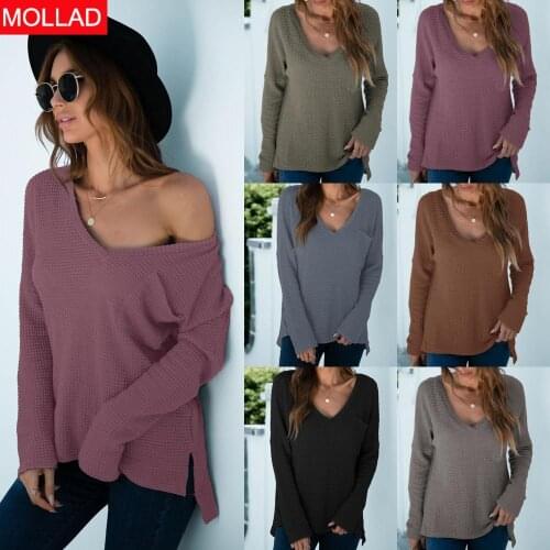 Womens Clothing 2021 Autumn Best-Selling Solid Color and V-neck Split Pocket Sweater