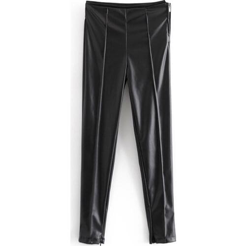 Dave&Di Winter England High Waist Simple skinny Pu Leather Pencil Pants Women Pantalones Mujer Pantalon Femme Trousers Women