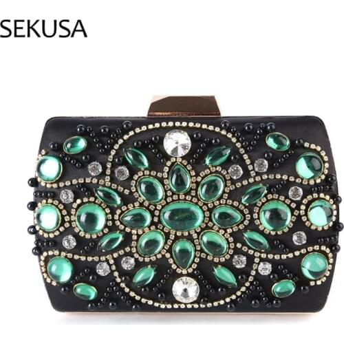 Green Color Rhinestones Women Evening Bags Beading Party Handbags With Chain Shoulder Day Clutch For Wedding