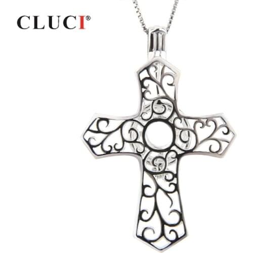 CLUCI Silver 925 Religion Cross Shaped Pendant for Women Necklace Jewelry 925 Sterling Silver Pearl Cage Pendant Locket SC099SB