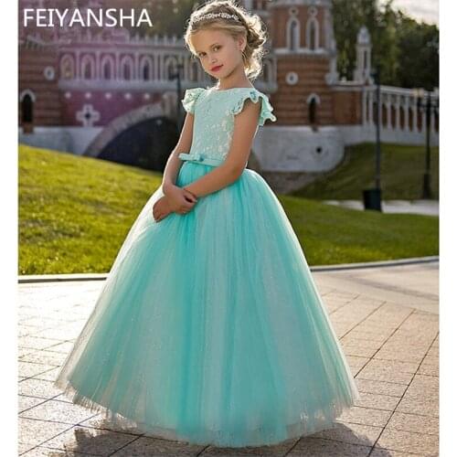 New Hot Flower Girl Dresses Royal Blue Bow Sashes O-Neck Three Quarter Lace Ball Gown Formal Pageant Communion Gown Vestido