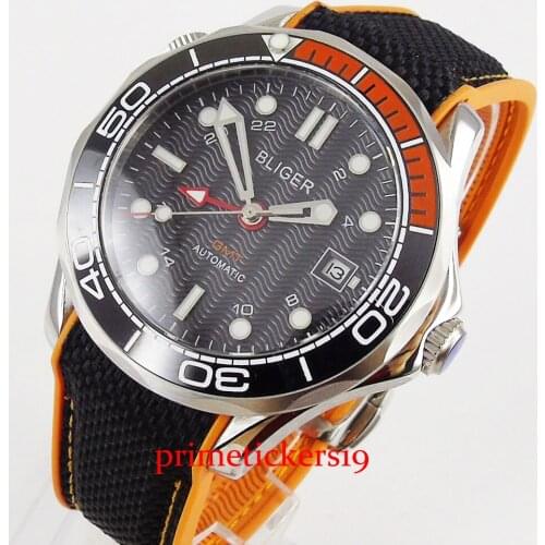 BLIGER 41mm red hands black orange bezel rubber strap GMT function date window automatic mens watch