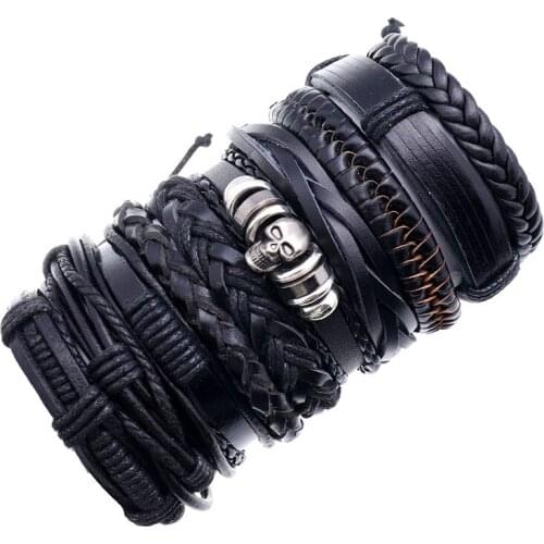 Black Alloy Skull Men Bracelets 10pcs/set Wristband Fashion Rope Wrap Cuff Bangle Leather Bracelets Women Jewelry Accessories